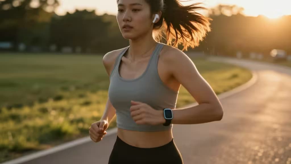 Ein Läufer auf einem Waldweg bei goldenem Sonnenlicht, kabellose Earbuds tragend, Fitness-Uhr am Handgelenk, dynamische Bewegung, natürliche Umgebung