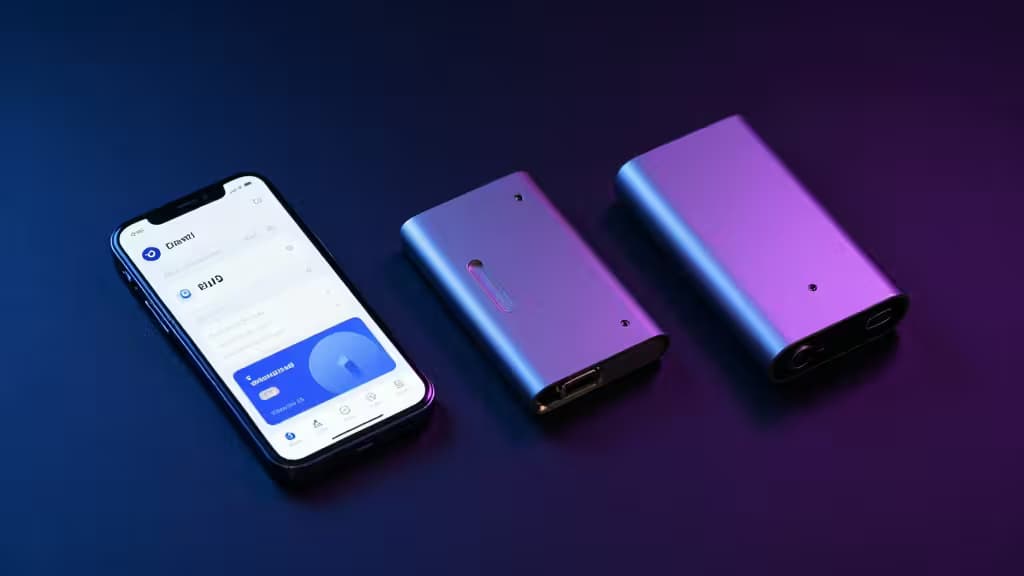 Dos billeteras crypto metálicas y un smartphone mostrando una app DeFi sobre fondo oscuro degradado.