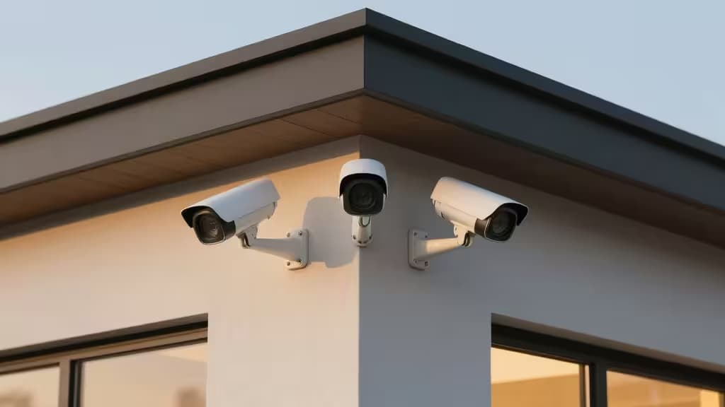 Drei weiße Outdoor-Sicherheitskameras an einer modernen Hausecke montiert, mit lokaler Speicherung für den Smart-Home-Einsatz in Deutschland.