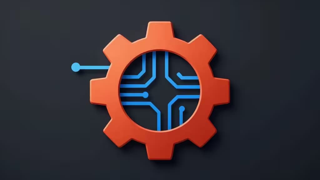 Orange gear with blue circuitry, symbolizing AI-powered Rust development tools.