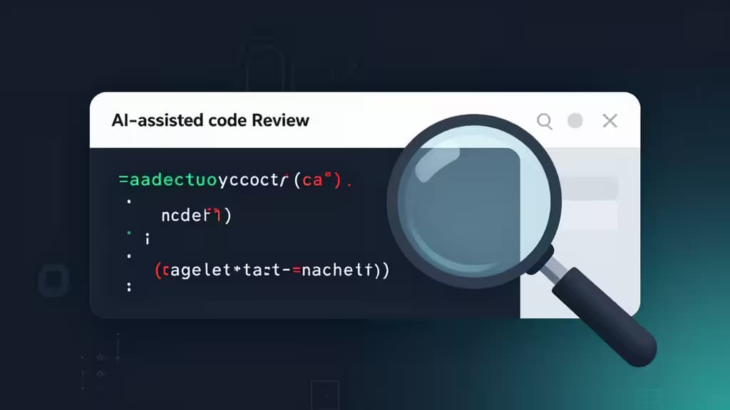 Loupe examinant une fenêtre de revue de code IA affichant des diffs colorés sur fond sombre.