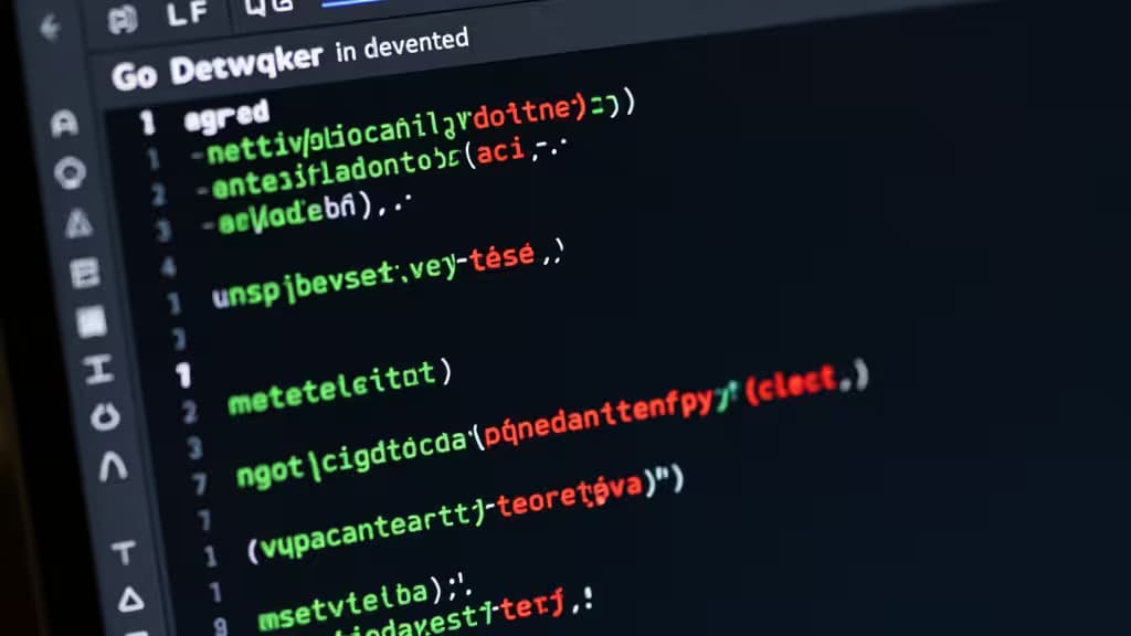 Primer plano de una pantalla de IDE oscura mostrando código Go con resaltado de sintaxis y números de línea.