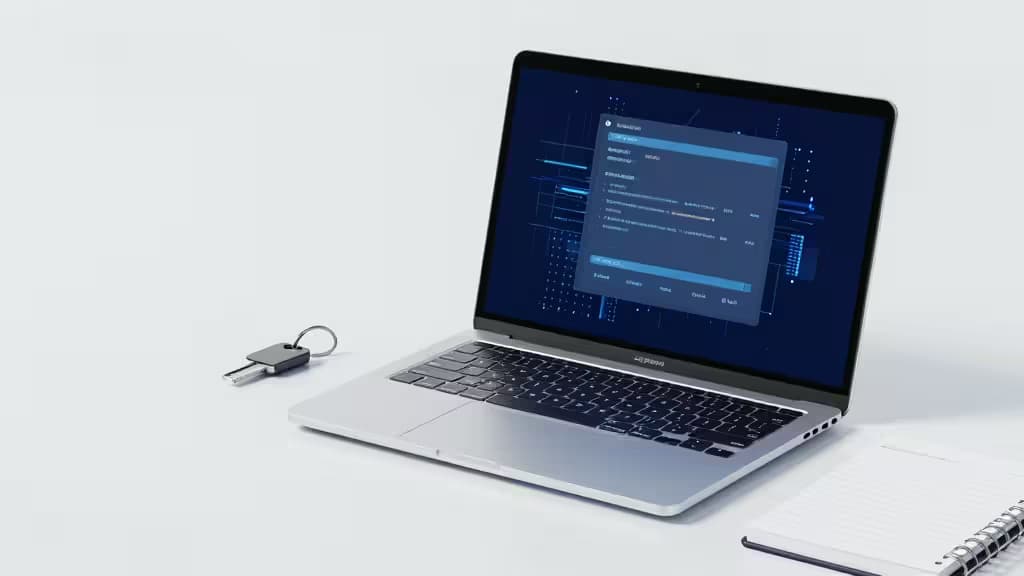 Srebrny laptop wyświetla interfejs menedżera haseł obok klucza USB i notatnika.