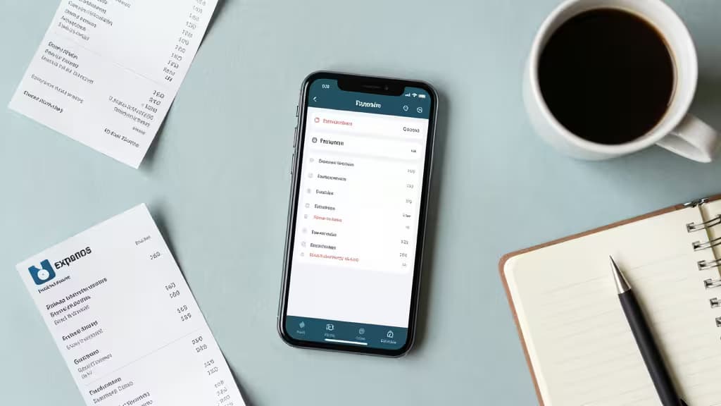 Smartphone expense dashboard displays categorized transactions on a light blue desk surrounded by receipts, a notebook, pen, and coffee cup.