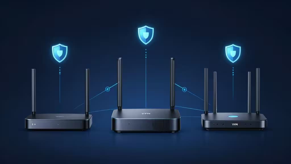 Tre router neri eleganti con scudi blu luminosi simboleggiano connessioni sicure per NordVPN, Surfshark ed ExpressVPN.