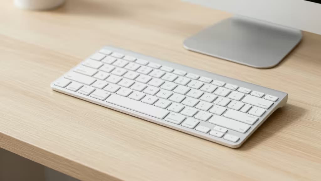 A sleek white wireless keyboard with silver aluminum casing rests on a light wood desk.