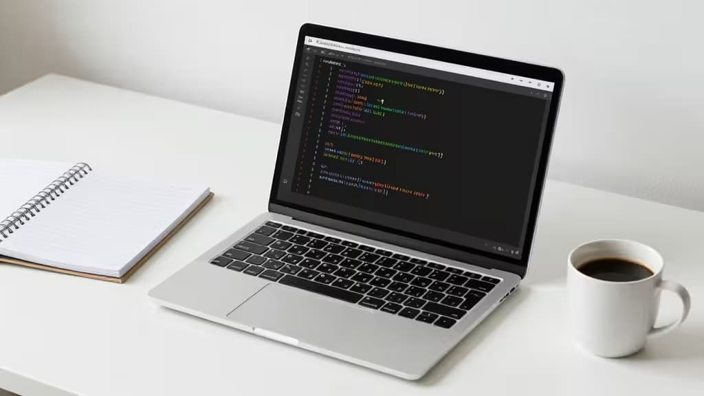 Silver laptop displays Rust code beside spiral notebook and white coffee mug on clean desk.