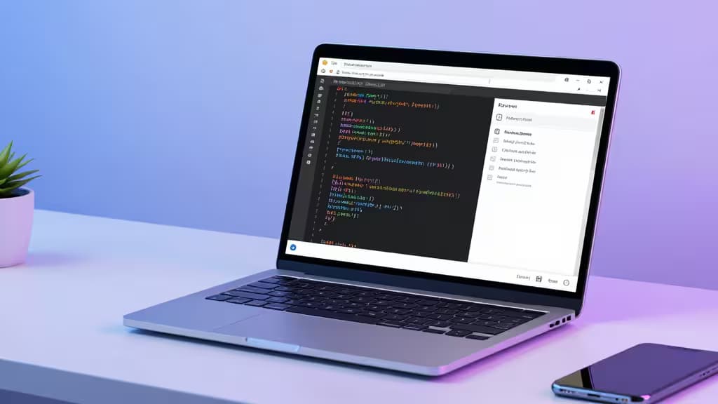Espace de travail développeur avec un ordinateur portable affichant du code Python et une interface de revue de pull request, éclairage professionnel bleu et violet