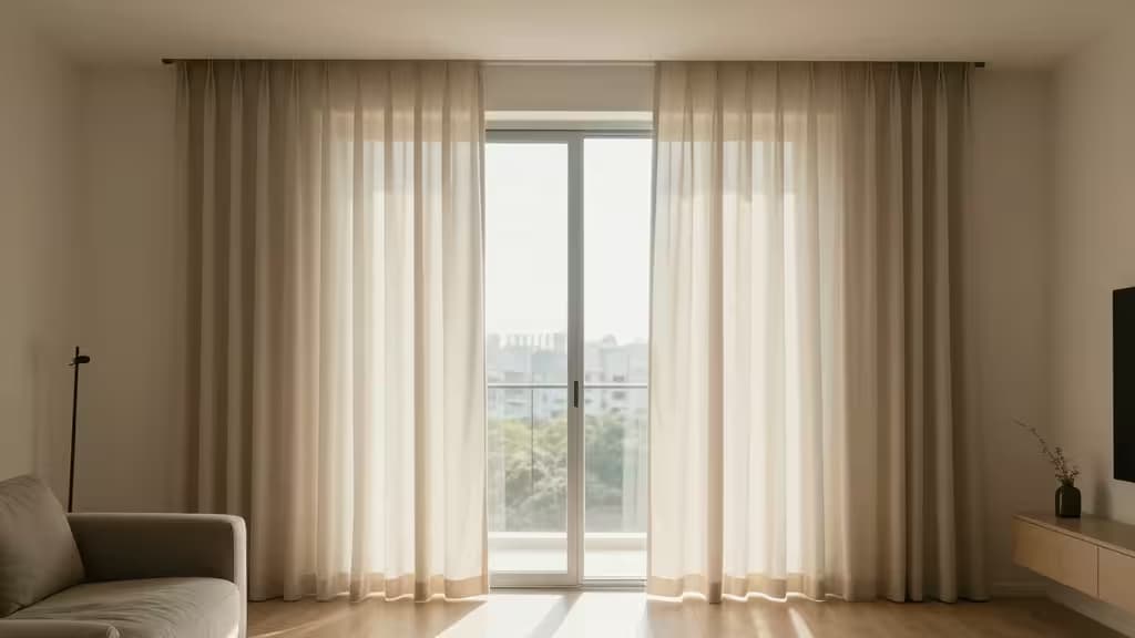 Tende chiare in tessuto sheer incorniciano una porta a vetri soleggiata, circondate da arredamento minimalista in una casa domotica moderna.