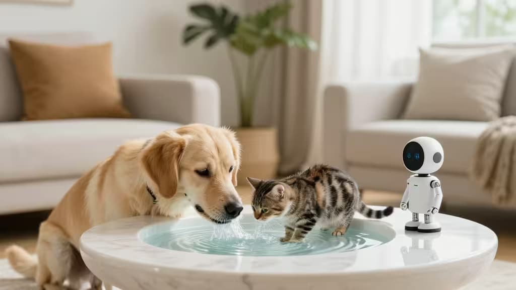 Golden retriever et chat tigré buvant dans une fontaine intelligente avec un robot de surveillance à côté.