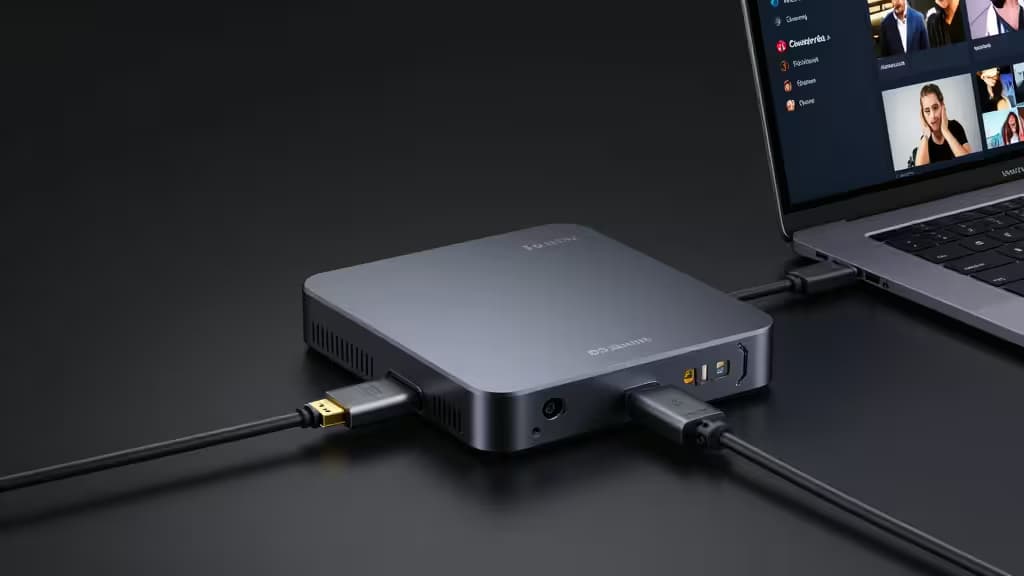 A sleek Elgato capture card connects via HDMI to a laptop displaying a live stream interface, set against a dark background.