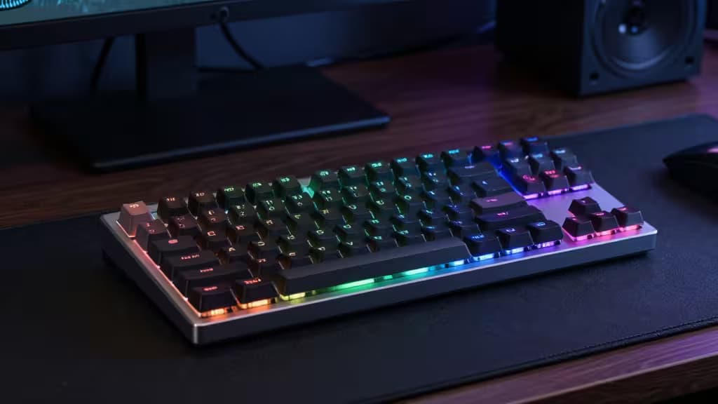 Low-profile mechanical keyboard with RGB backlighting, aluminum frame, and compact layout on dark desk.