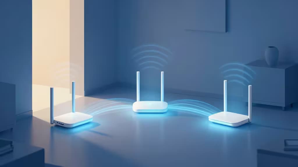 Tres routers mesh blancos con antenas azules brillantes emiten ondas de señal superpuestas en una habitación minimalista.