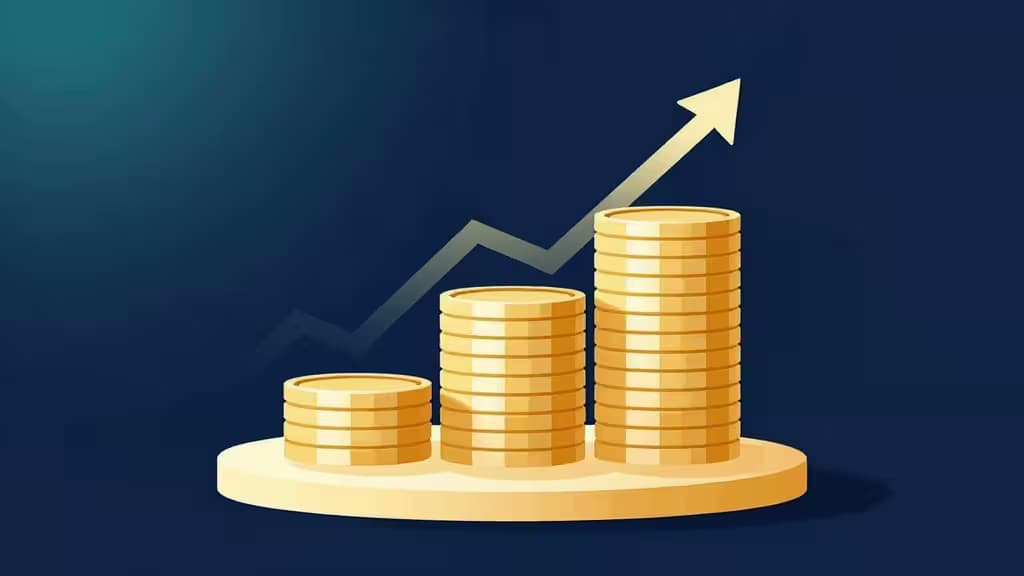 Golden coin stacks rise with an upward arrow on a blue gradient background, symbolizing growing stablecoin yields in crypto staking platforms.