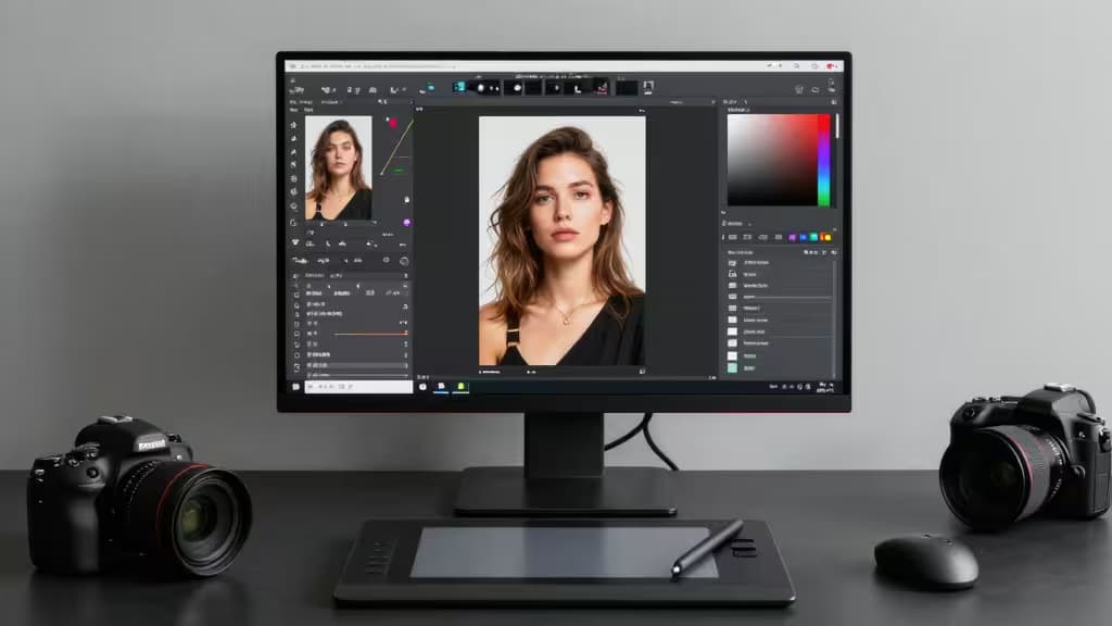 A professional photographer's editing workspace with a large color-calibrated monitor displaying a half-edited portrait photo, a graphics tablet with stylus, and soft studio lighting on a dark desk.