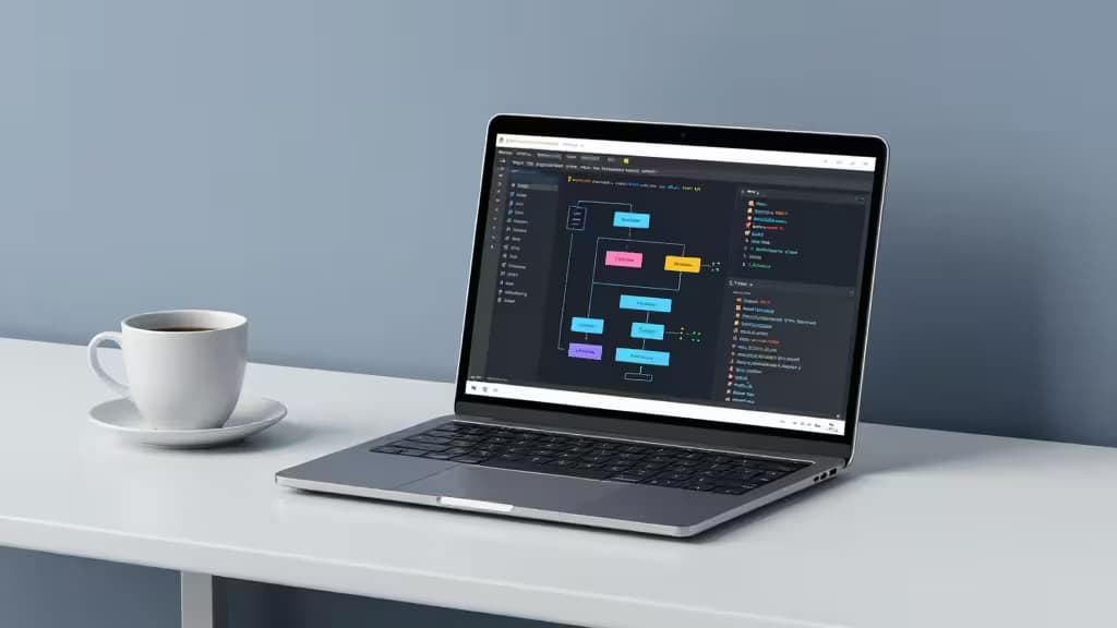 Laptop displays CI/CD dashboard on white desk beside coffee cup, targeting DevOps engineers.