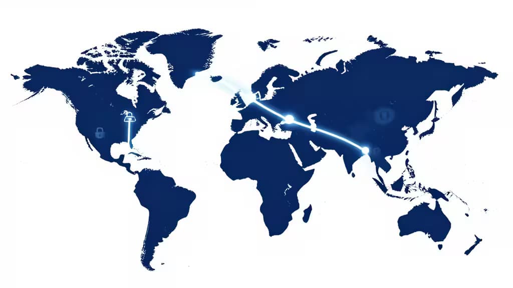 Uma linha azul brilhante liga um cadeado fechado na América do Norte a um portátil na Europa através de um mapa-múndi azul escuro.