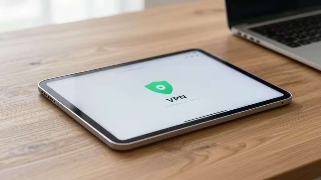 An iPad on a wooden desk displays a green VPN shield icon, symbolizing secure browsing.