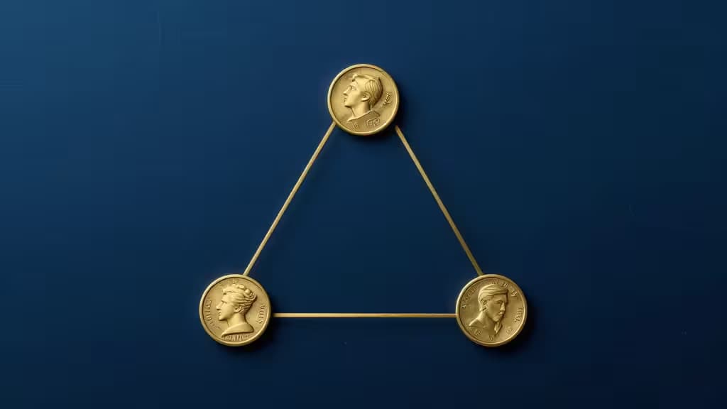 Three gold coins form a triangle on blue, symbolizing secure multi-signature crypto wallets for families.