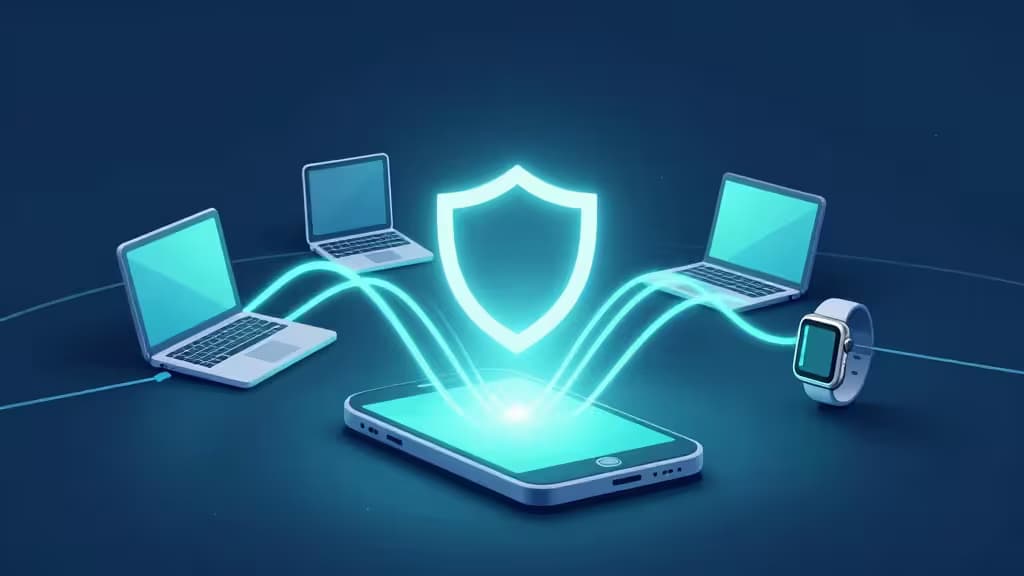Abstract illustration of a smartphone radiating a secure network signal to connected devices with a shield motif, in a cool blue and teal palette.