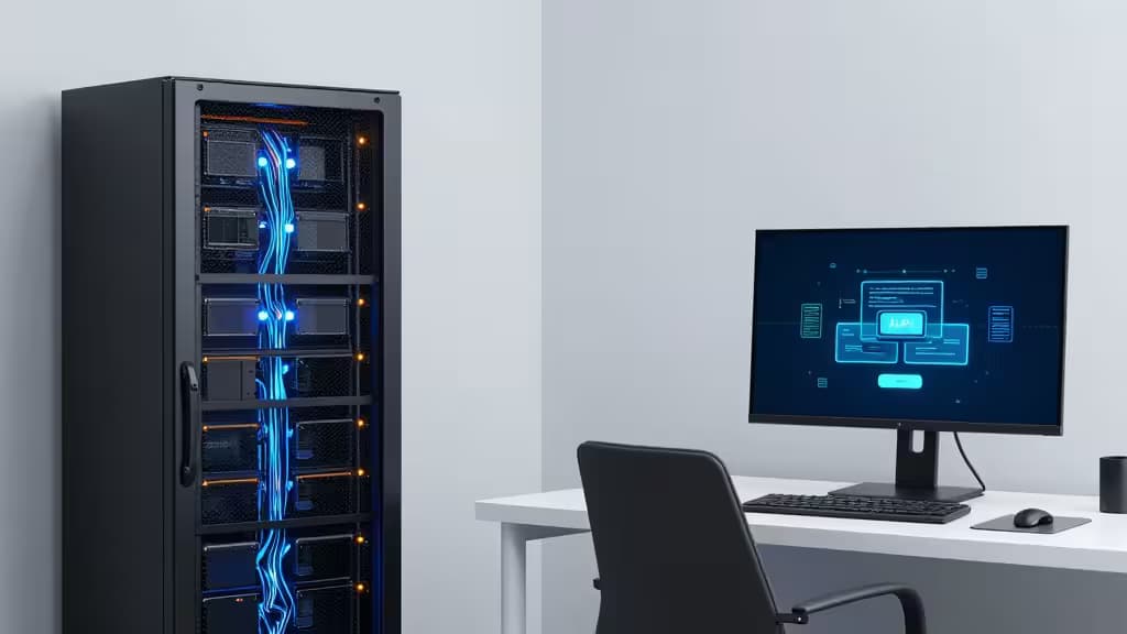 Een strakke serverrack met gloeiende blauwe kabels naast een moderne desktopopstelling met een API-interface op de monitor.