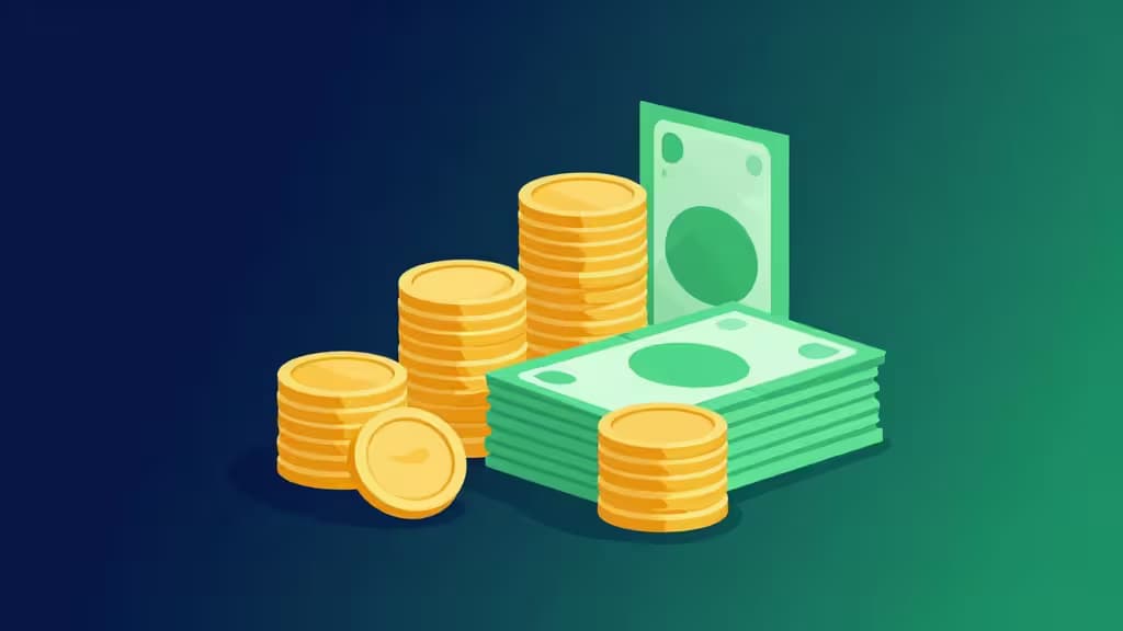 Abstrakte Illustration mit Goldmünzen und Banknoten in tiefblau-smaragdgrünem Farbverlauf, die Kapitalwachstum und Zinsakkumulation symbolisiert