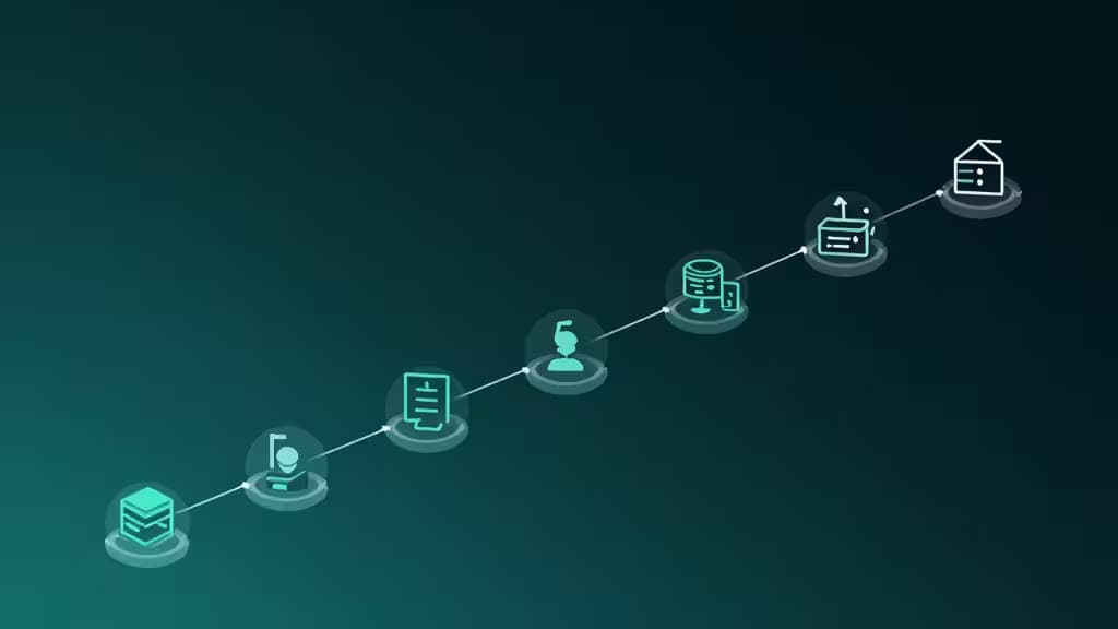 Teal icons on a dark gradient background represent a Node.js job queue workflow, highlighting Upstash Redis and Railway as key tools.