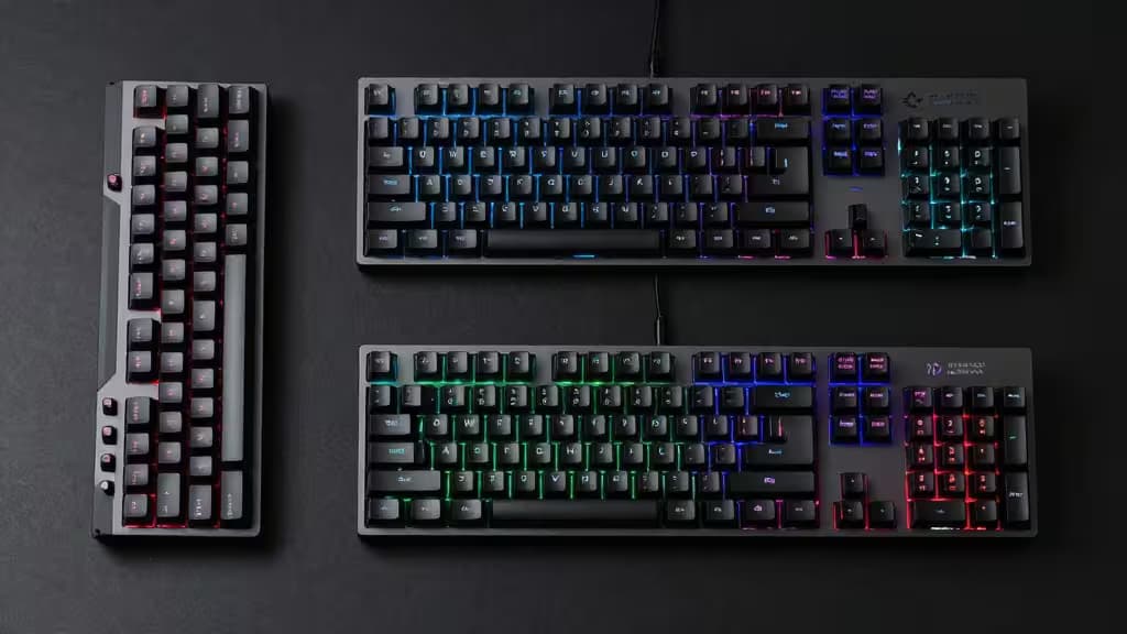 Three backlit mechanical keyboards with RGB lighting, arranged on dark surface for console gaming.