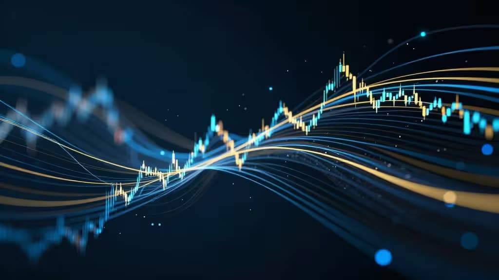 Dynamic blue and gold candlestick charts flow across a dark background, symbolizing crypto market trends.