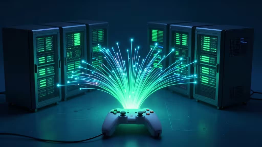 Glowing fiber-optic cables burst from a game controller toward server racks, symbolizing low-latency VPN connectivity for GeForce Now cloud gaming.