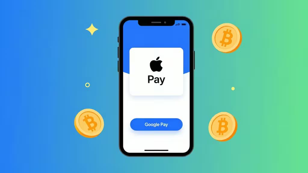 Um smartphone exibe botões de Apple Pay e Google Pay, rodeado por moedas de Bitcoin flutuantes contra um fundo de gradiente azul-verde.