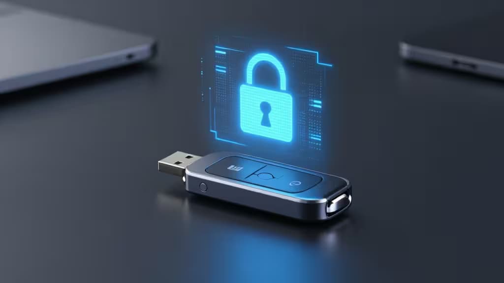 Een USB-C beveiligingssleutel op een donker bureau met een blauw digitaal hangslot-hologram erboven