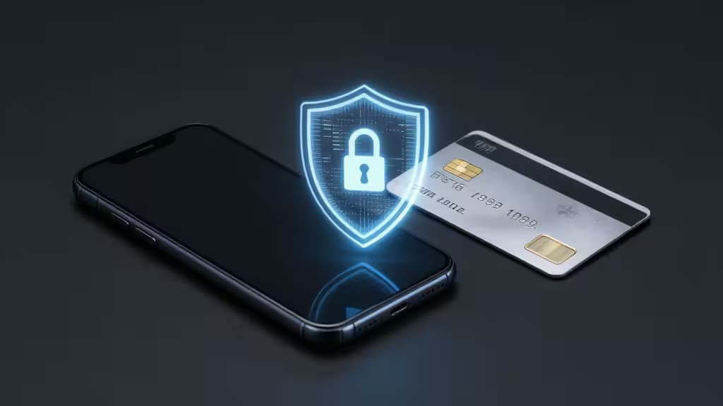 A smartphone and credit card rest beside a glowing blue shield with a lock icon, symbolizing secure crypto transactions.