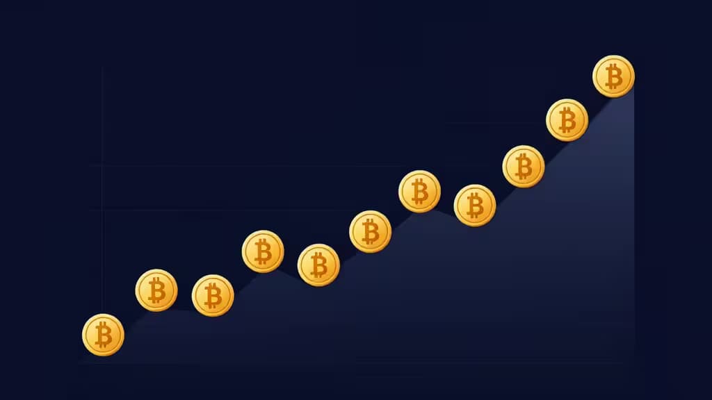 Goldene Bitcoin-Münzen steigen auf einem dunkelblauen Diagramm auf und symbolieren stetiges, diszipliniertes Wachstum durch wiederkehrende DCA-Investitionen über die Zeit.