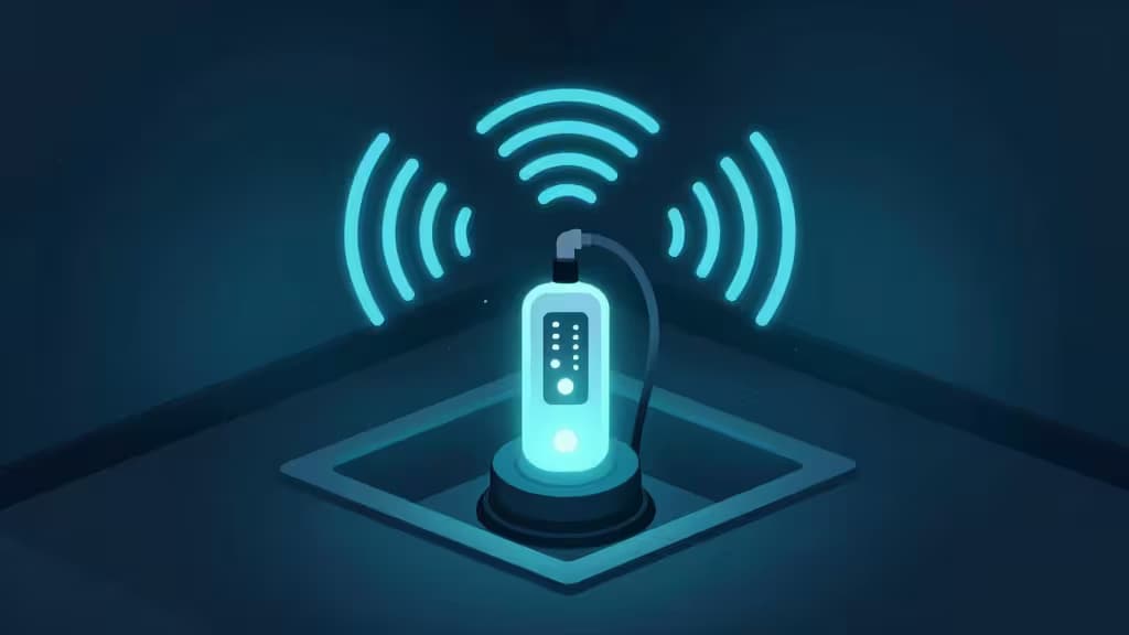 Glowing cylindrical sensor emits blue wireless signals from a dark basement sump pit.