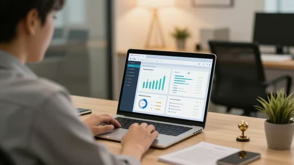 Employee uses laptop displaying AI dashboard for onboarding training in modern office.