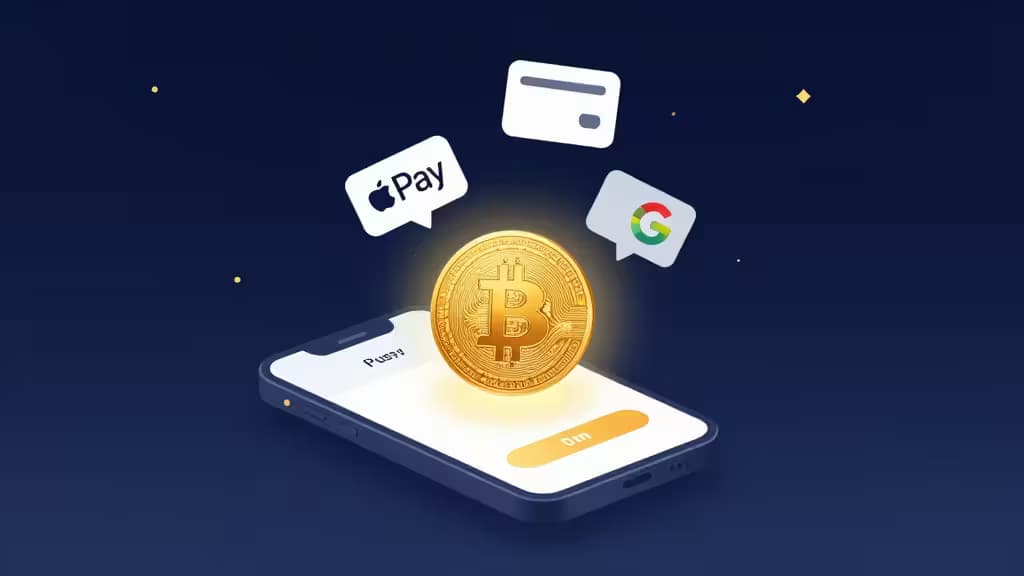 Un Bitcoin lumineux flotte au-dessus d'un smartphone affichant une interface d'achat de cryptomonnaies, entouré d'icônes Apple Pay et Google Pay sur un fond bleu foncé.