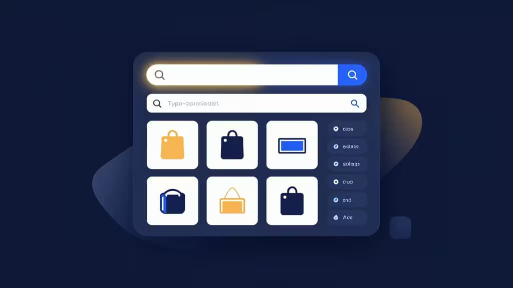 Abstrakte Illustration einer E-Commerce-Suchleiste mit Echtzeit-Filterung, Facetten-Sidebar und Autovervollständigung in Blau- und Bernsteintönen