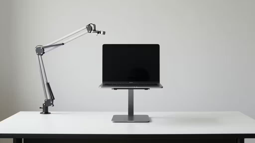 A sleek laptop rests on an adjustable monitor arm, promoting ergonomic posture and reducing neck strain in a minimalist workspace.