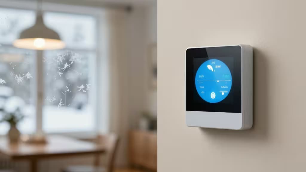 A sleek white smart thermostat with a glowing blue circular interface is mounted on a beige wall, contrasting with a frosty, snow-dusted window and warm interior lighting in the background.