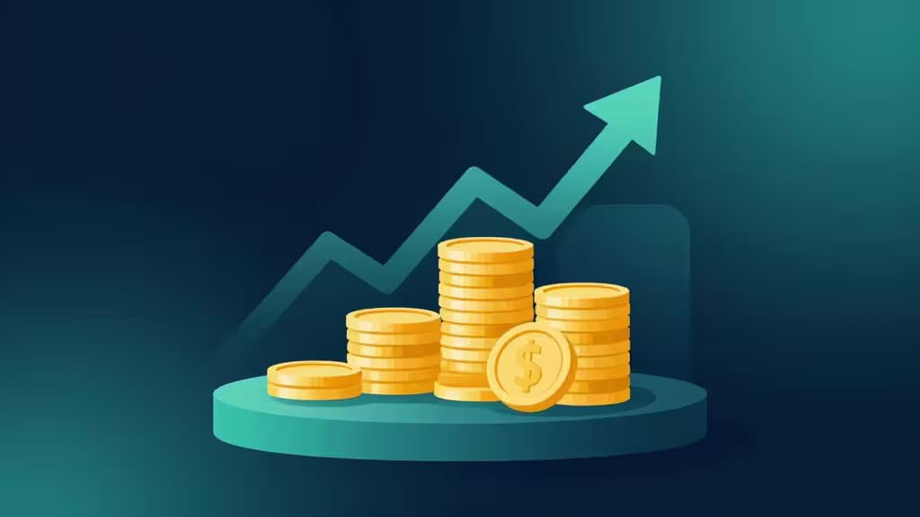 Golden coins stacked on a minimalist pedestal with subtle upward growth arrows against a deep navy and teal gradient background.