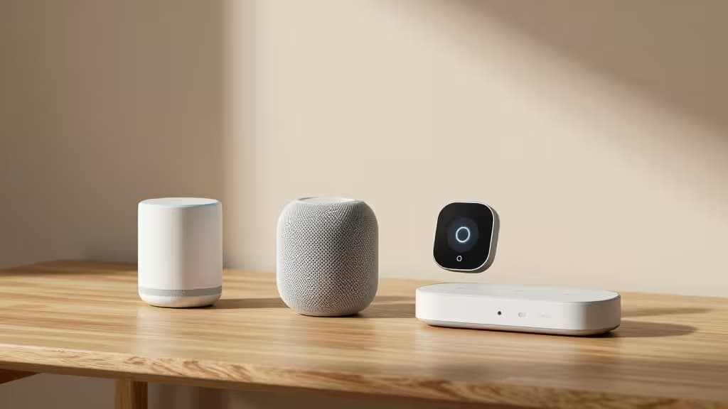 Three smart home hubs rest on a light wood table, showcasing sleek designs and modern technology.