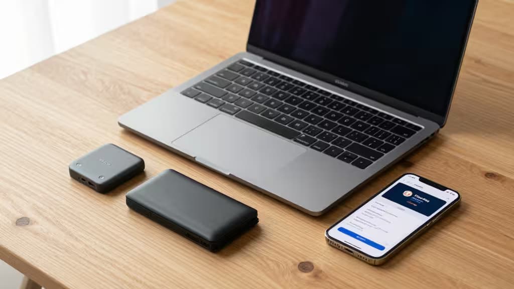 Silver MacBook, black crypto wallets, and iPhone on light wood desk.