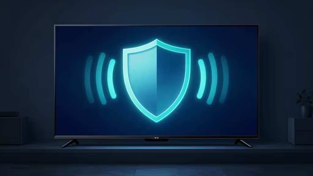 Glowing blue shield icon radiates from sleek TV screen in dim living room.