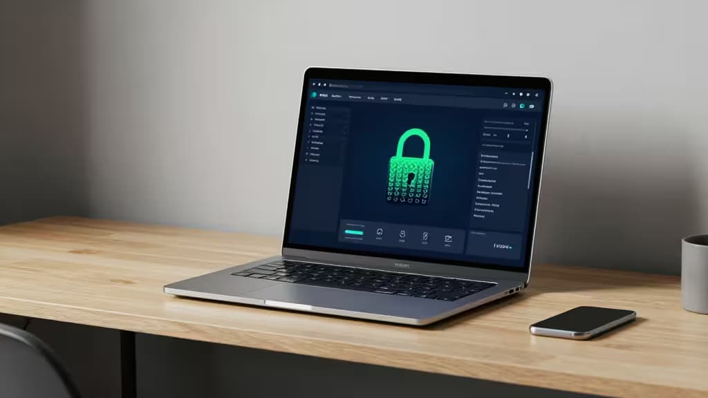 Laptop displaying a green padlock on a dark interface, placed on a wooden desk with a smartphone and mug.