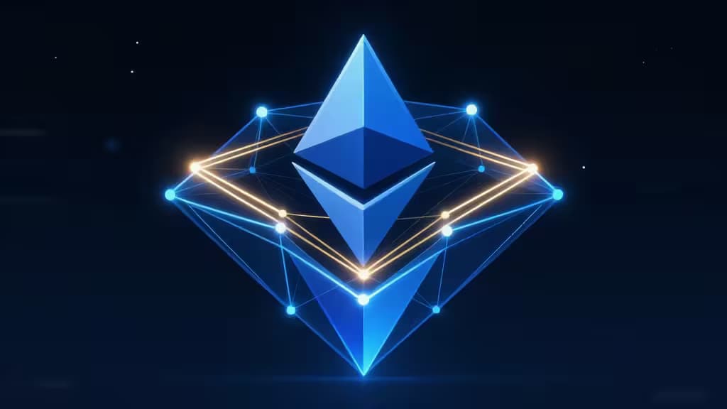 Abstracte visualisatie van Ethereum restaking met verbonden netwerknodes en gouden lichtstromen over een donkerblauw Ethereum-diamant.