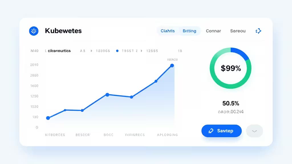 Un panel de control moderno muestra métricas de costos de Kubernetes con un gráfico de anillo de eficiencia al 99% y una línea de tendencia azul ascendente.