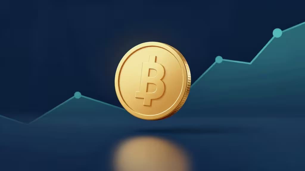 Abstracte voorstelling van stablecoin savings: een gouden munt zwevend boven een kalme reflecterende oppervlakte met subtiele opwaartse groeilijnen op een donkerblauwe achtergrond.