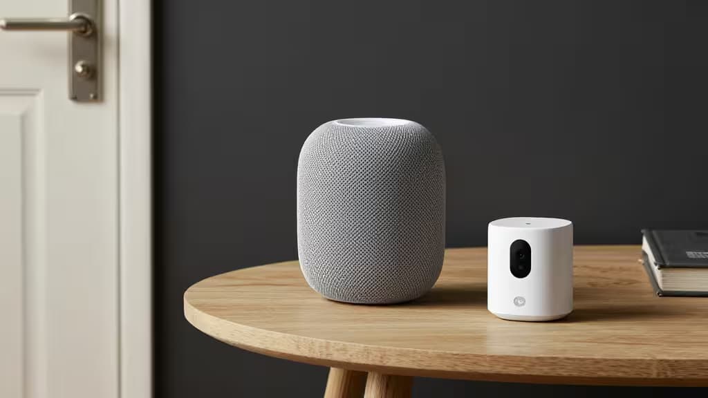 Een grijze HomePod mini en witte Aqara camera op een houten tafel tegen een donkere muur, met warme accentverlichting.