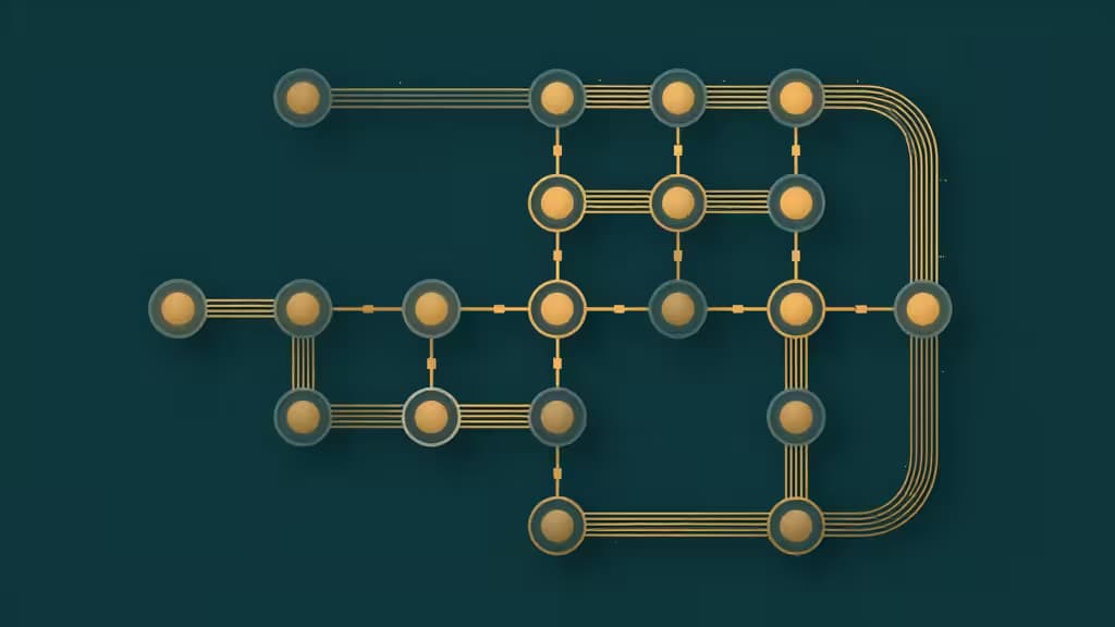 Abstracte visualisatie van een data pipeline met verbonden knooppunten in een directed acyclic graph, in donkergroene en amber tinten.